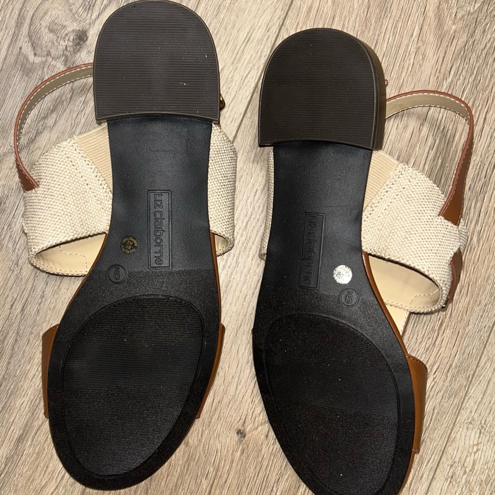 Liz Claiborne Brown Leather Canvas Sandals Size 9 Buckle Strap Low Heel - Picture 3 of 4